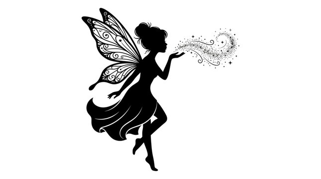 Fairy Silhouette Blowing Magic Dust Isolated on Transparent Background