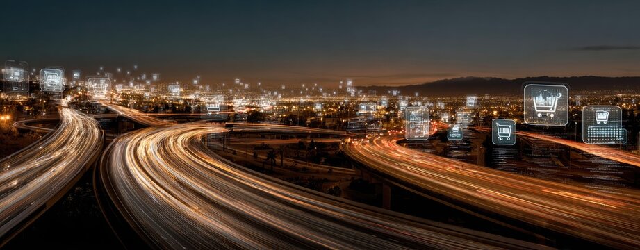Night city highway with commerce icons overlay
