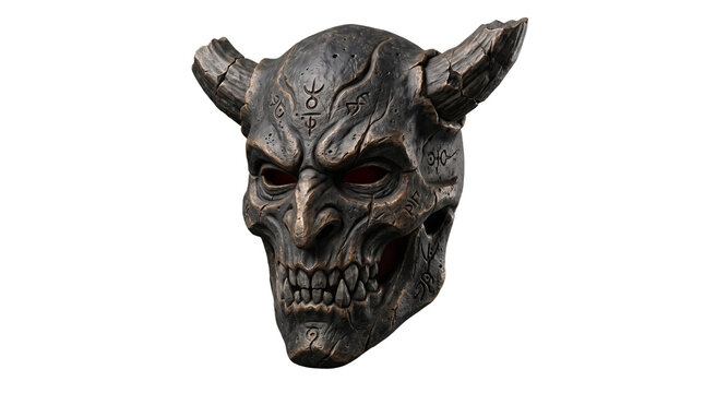 Ancient oni mask with horns, weathered stone demon sculpture, traditional japanese folklore mask isolated on white background