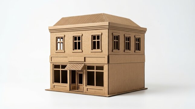 Eco-friendly cardboard corner shop building model in a three-dimensional miniature style.