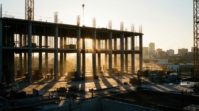Sunlit Skyscraper Construction: A towering skyscraper under construction, bathed in the warm, golden light of sunrise, casting long shadows across the building's skeletal frame.