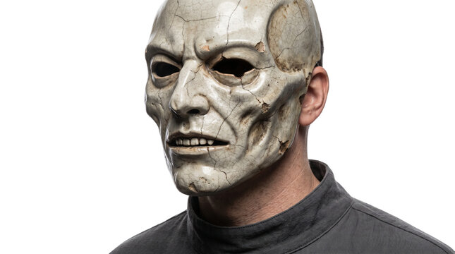 Creepy skull mask with cracked bone texture, realistic horror face mask for Halloween, eerie prosthetic mask on man
