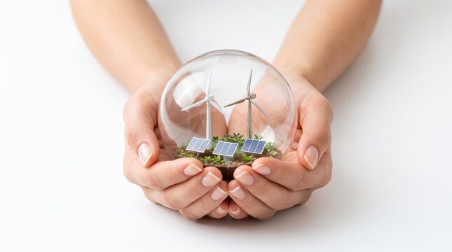 Hands holding glass globe with miniature wind turbines and solar panels on grass, renewable energy, sustainable ecology protection, green power generation for future environment