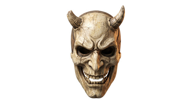 Traditional Japanese Hannya mask, weathered stone demon face with horns, ancient oriental folklore sculpture on white background