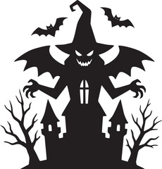 Fototapeta premium Halloween silhouette design elements set with haunted castle tower, spooky witch bat monster, dead trees and flying bats vector illustration