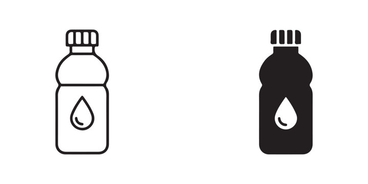 bottle icons with liquid drop symbol in outline and solid black versions isolated on transparent background
