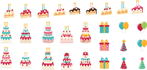 Fototapeta premium Birthday Party Celebration Elements Set with Cakes Cake Slices Gifts Balloons and Party Hats Vector Collection