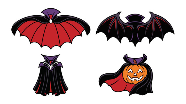 Set of halloween vampire capes and bat wings, cartoon style vector illustration isolated on transparent background