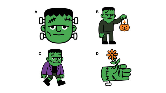 Set of cute frankenstein monster illustrations for halloween, featuring character portraits, full body poses, and a hand holding a flower isolated on transparent background