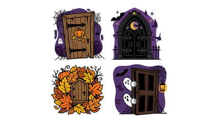 Set of four halloween themed doors with ghosts, pumpkins, autumn leaves, and spider webs in a flat cartoon vector illustration style isolated on transparent background