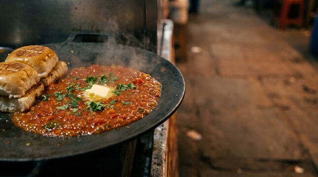 Sizzling Indian street food pav bhaji with melting butter copy space