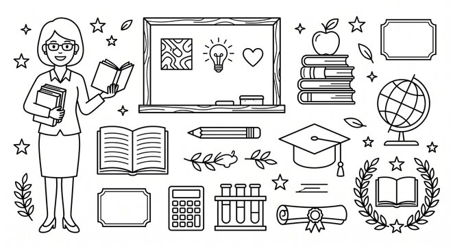 Female teacher holding chalkboard with back-to-school icons and education doodles illustration
