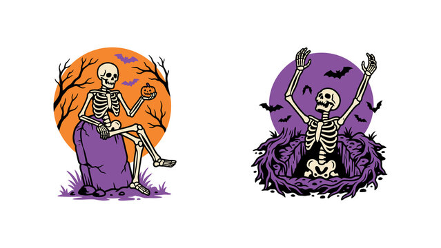 Set of two halloween skeleton illustrations with pumpkins and graves isolated on transparent background