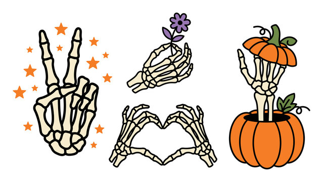 Set of skeleton hands with peace sign, flower, heart gesture and pumpkin, isolated on transparent background