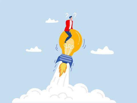 Businessman leader riding flying bright lightbulb lamp with rocket booster in the cloud sky.Creative inspiration achieve success goal concept,
