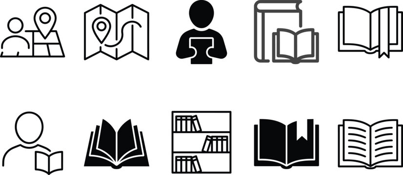 Education and reading vector icon set featuring book library map reader bookshelf student outline solid graphic design elements.