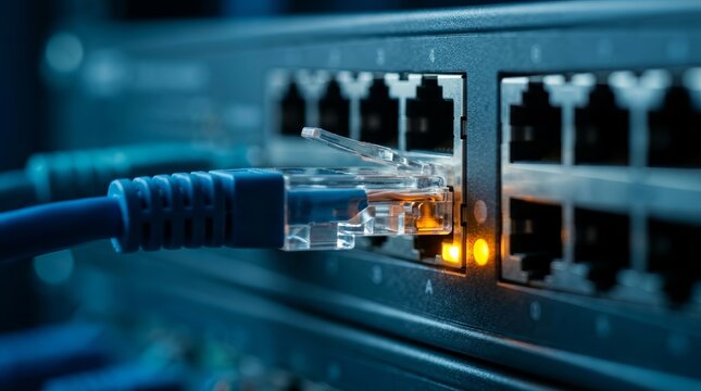 Network switch port with an ethernet cable connected and showing an active amber connection light.