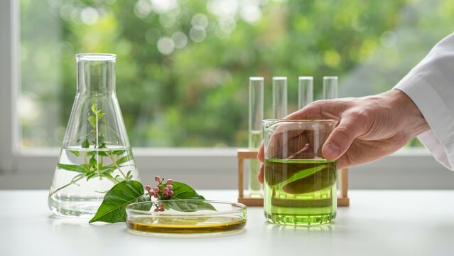 Scientist examining green botanical extract sample within laboratory setting near window with natural daylight illumination with displays scientist holding