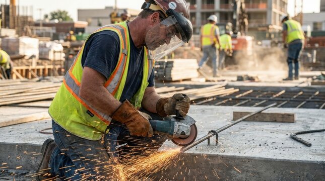 Construction Worker Grinding Metal: A focused construction worker, wearing safety gear including a hard hat, glasses, and vest, skillfully grinds metal on a building site with sparks flying.