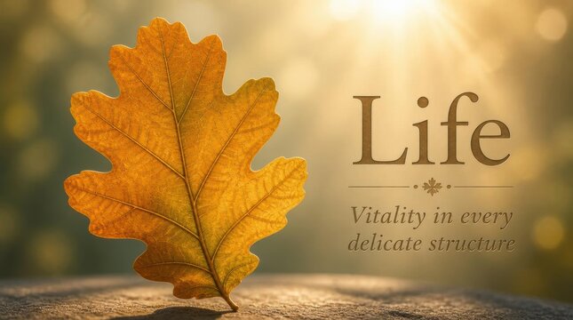 Golden Autumn Oak Leaf with Inspirational Quote 'Life - Vitality in every delicate structure' in Soft Sunlight Background