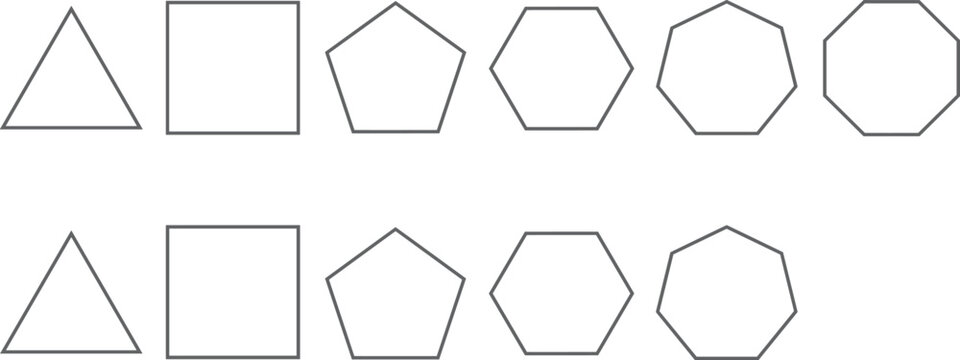 Geometric regular polygon outline vector icon set featuring triangle square pentagon hexagon heptagon and octagon shapes for math education.