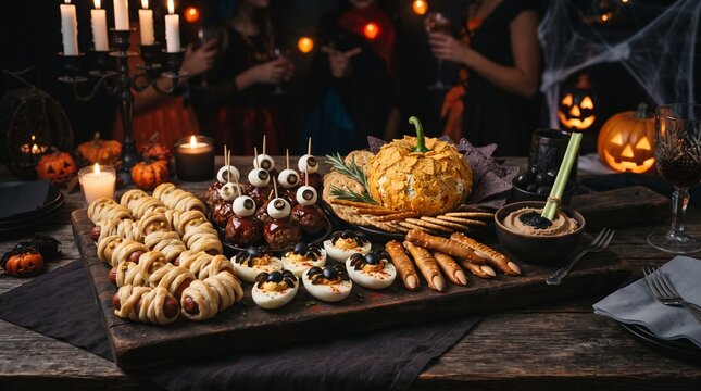 A spooky Halloween appetizer spread featuring mummy hot dogs, eyeball meatballs, spider eggs, and a pumpkin cheese ball at a festive party.