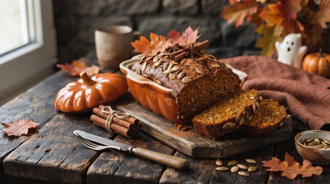 Freshly baked pumpkin bread loaf on a rustic wooden table with fall decorations, cinnamon sticks, pumpkin seeds, and autumn leaves.