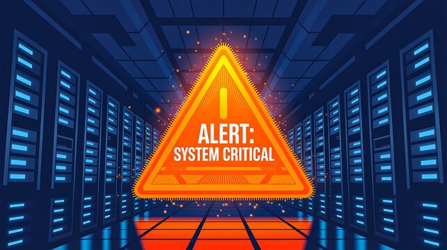 Alert system critical warning inside futuristic server room with digital technology