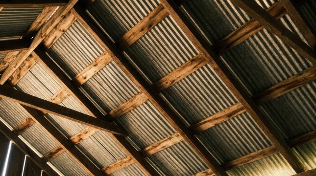 Corrugated Metal Roof Structure: An interior view of a rustic roof structure, showcasing the interplay of weathered wooden beams and corrugated metal sheeting.