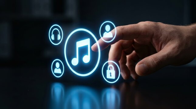 Concept of digital rights management technology featuring a hand touching musical note and lock icons.