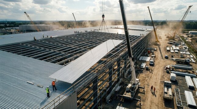 Massive Construction Site: Towering cranes and construction workers orchestrate the assembly of a vast industrial building, highlighting the scale of modern infrastructure development.