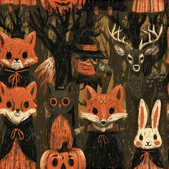 Naklejka premium Halloween forest pattern with stylized foxes, owl, deer, rabbit, and pumpkin creating spooky, charming autumn atmosphere