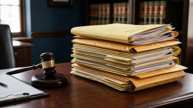 Close up of a pile of yellow legal folders and documents next to a wooden gavel and clipboard.