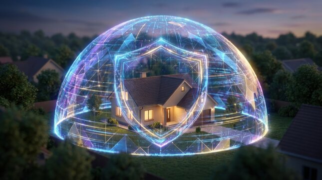 Digital Shielding a Suburban Home: An illuminated house within a neighborhood is protected by a glowing, futuristic digital shield, symbolizing security and technological defense.