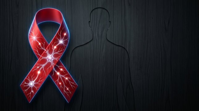 Amyotrophic lateral sclerosis awareness month background with red ribbon and neural network.