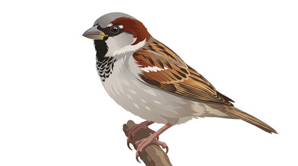 House sparrow perched on a wooden branch, brown and grey songbird illustration, realistic garden bird wildlife art isolated PNG with Transparent Background