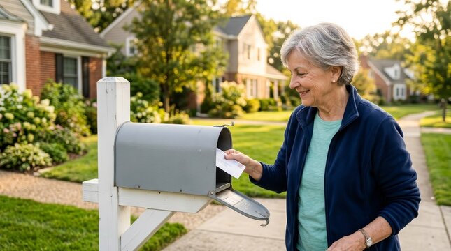 Senior woman checking her mailbox for letters and communication in the suburbs.