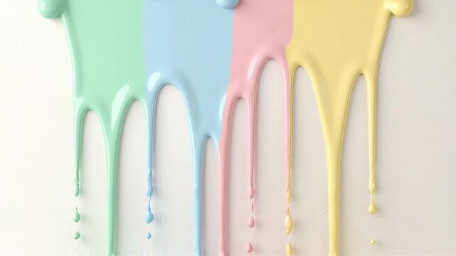 Motion graphics video clip of pastel paint drips flowing down a white textured background.