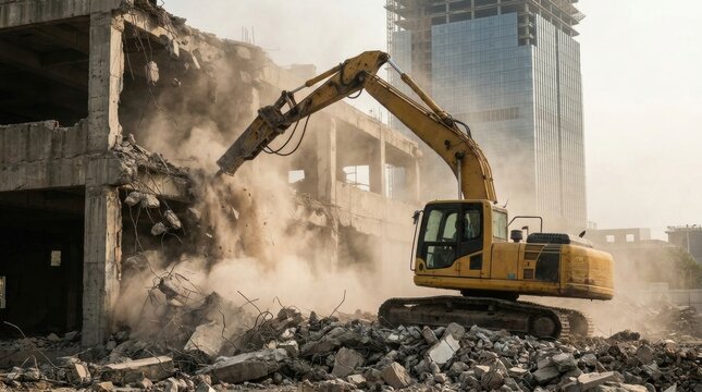 Demolition in Progress: A powerful excavator tears down an old building, sending clouds of dust and debris into the air, with a modern skyscraper looming in the background.