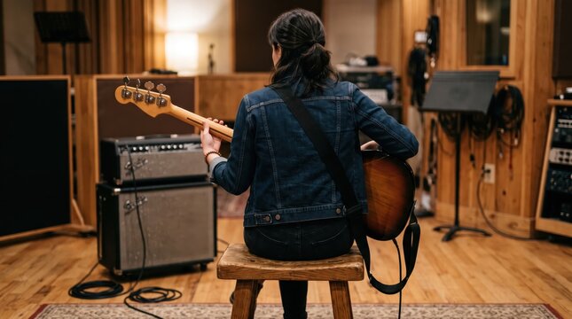 Rear view of female musician playing electric bass guitar while sitting on stool in professional recording studio with wooden walls, amplifiers and music equipment, creative arts