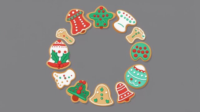 Christmas gingerbread cookie wreath on grey background for holiday greeting card design