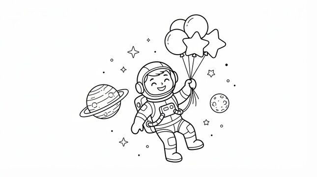 Happy little astronaut floating in space holding a bunch of balloons