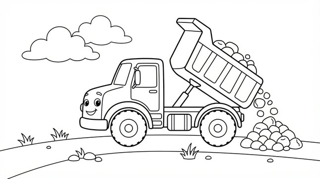 Cute cartoon dump truck unloading rocks for children coloring page