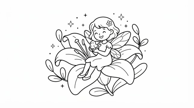 Cute little fairy girl sitting on a big flower holding a tiny bird