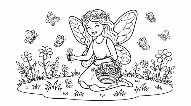 Little fairy girl with flower basket and butterflies coloring page for kids