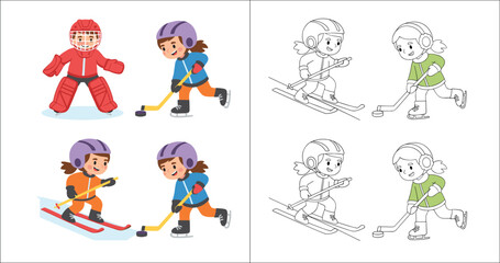 Fototapeta premium Cartoon children playing ice hockey and skiing winter sports with coloring page outlines