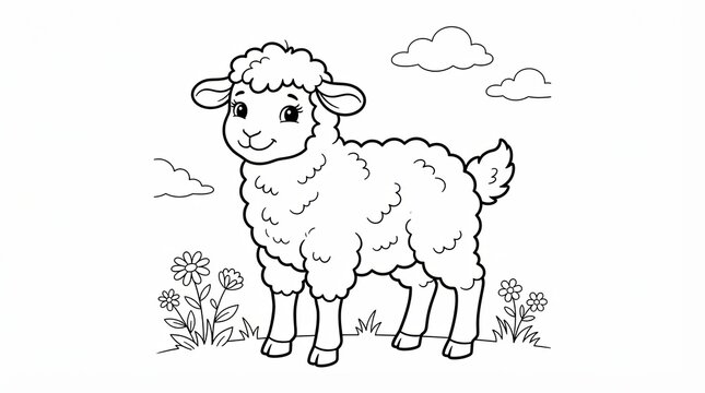 Cute little sheep standing in a meadow for kids coloring page illustration