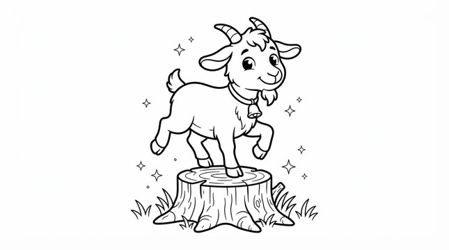 Cute cartoon goat standing on a wooden stump coloring page