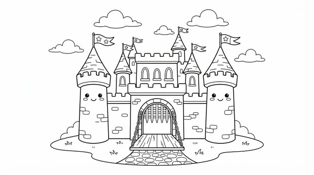 Cute cartoon castle illustration with towers and flags for coloring page