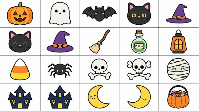 Set of cute kawaii Halloween icons for party decoration